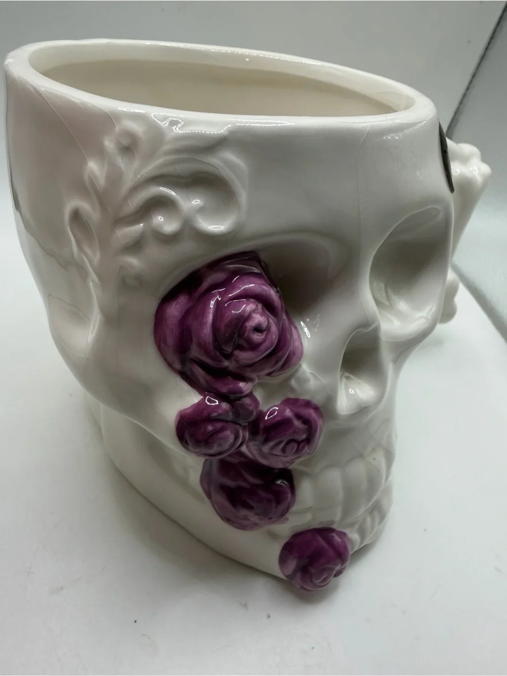 White Skull Mug with Purple Rose Accents